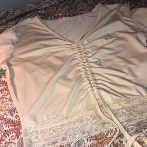 pale yellow shein cinch up lace top - size small
